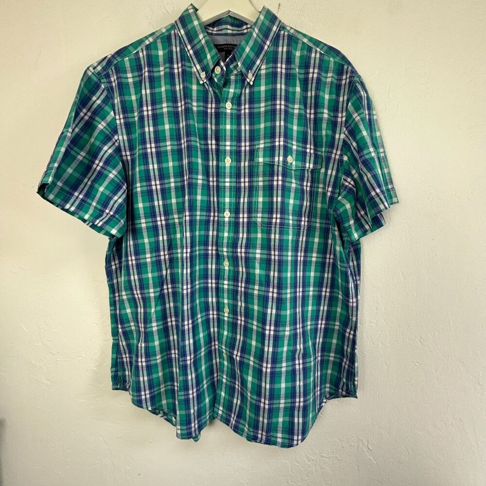 Banana Republic Soft Wash Mens Green Plaid Short Sleeve Button-Down Shirt XL